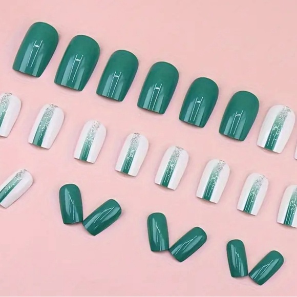 Green & White Press On Fake Nails Medium Short Square Tip, kit - Picture 4 of 4